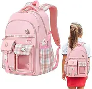[TOMVAES] School Backpack for Girls, Large Cute Backpack, Waterproof Bookbag Preschool Backpacks Elementary School Bags with Bonus Plushie & Accessories (Pink)