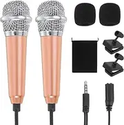 uxcell 2Pcs Mini Microphone, Mic Tiny Microphone with Sponge Cover, Holder and Drawstring Bag Portable for Karaoke Voice Video Recording Singing (Gold)