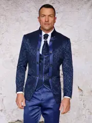 NWT 46R BLUE BANNED COLLAR MENS SUIT, SLIM FIT, 2 SIDE VENT, FLAT FRONT PANTS,