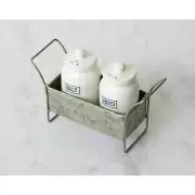 New Primitive Farmhouse BLUE MINI CROCK SALT PEPPER SHAKERS SET Metal Holder