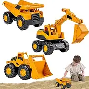 3 Piece Excavator Toy Set - Sand Toy Vehicles for Sandpit & Beach, Dump Truck, Bulldozer & Excavator with Inertia, Robust Summer Toys for Children
