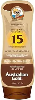 Australian Gold Sunscreen Lotion with Kona Coffee Infused Bronzer SPF 15, 8 Ounce | Broad Spectrum | Water Resistant