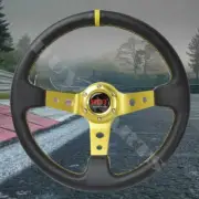 350mm Black/ Gold Drifting Deep Dish 6-Bolt Style Steering Wheel Gold Stitching (for: BMW)