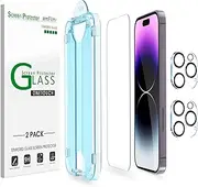 [2+2 Pack] amFilm OneTouch for iPhone 14 Pro 6.1" Glass Screen Protector with Camera Lens Protector. Easiest to Installation, Bubble Free and Full Coverage Case Friendly