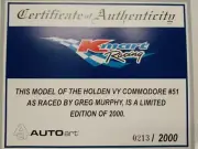 AUTO ART 1/18 CARDBOARD Certificate 0213 for KMART COMMODORE GREG MURPHY