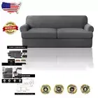 Contemporary Checkered 3-Piece Grey T Cushion Sofa Covers - Elastic Strap Fit