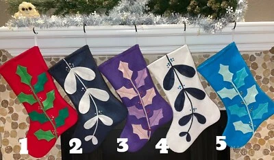 Unique Custom Christmas Stocking. Holly Mistletoe! 17"x 9" Felt, sequins, beads.