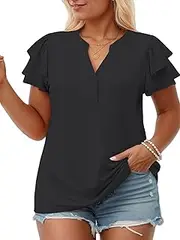 [VISLILY] Plus-Size-Summer-Tops for Women Cute Ruffle Short Sleeve T Shirts Notched V-Neck Tunics Button Down Blouses XL-5XL