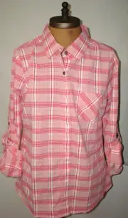 New Womens NWT Prana M Bronwyn Pink Top Plaid Organic Casual Button Down UPF 30