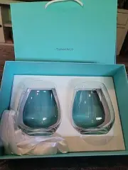 New In Box Tiffany and Co Set of 2 Classic Stemless Crystal Wine Glasses