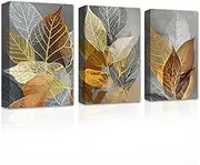 CXHOSTENT Leaves Wall Art 3 Pieces Grey and Gold Leaf Pictures Canvas Art Prints Nature Plants Paintings Abstract Artwork for Home Decor Framed (Flowers-2, 40.00 x 60.00 cms x 3PCS)