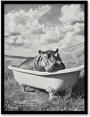 [Artery8] Baby Hippo in Bathtub Black White Surreal Bathroom Toilet Artwork Framed Wall Art Print A4