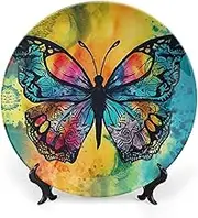 Bone China Decorative Plate Ceramic Dinner Plates Butterfly Tie Dye Ceramic Decorative Plate with Display Stand Art Crafts Ceramic Ornaments for Wall Hanging Decor 10inch