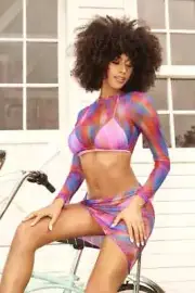 Pink & Blue Mesh Print Crop Top & Slit Skirt Cover Up Beachwear Outfit