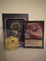 Disney Lorcana Ultra Pro Deck Box from PAX, Mickey Pin, Aladdin Promo Card