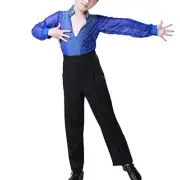 2 Piece Boys Latin Dance Costume Long Sleeve Sequin Mesh Top and Pants Ballroom