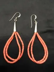 Pink Coral Heishi Liquid Sterling Silver Dangle 2 Strand Earrings 04398