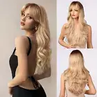 Long Wavy Ombre Curtain Bang Wigs for Women, Light Ash Blond Dark Roots Syntheti