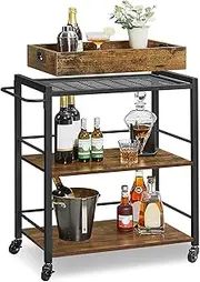 VASAGLE Industrial Bar Cart for The Home, Serving Cart with Wheels and Handle, 3-Tier Beverage Cart with Removable Tray and Storage Shelves for Living Room Kitchen, Rustic Brown and Black ULRC72X