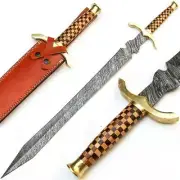 Custom Handmade Damascus Steel Viking Battle Ready Sword With Leather Sheath