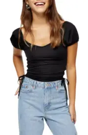 TOP SHOP Ruched Satin Stretchy Drawstring Women's Blouse Sz 4 US in BLACK Q226