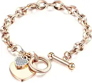 [LIGHUFEIC] Elegant Love Stainless Steel Heart Charms Link Chain Bracelet for Women - Toggle Clasp Closure, charm bracelet Gift(Rose Gold)