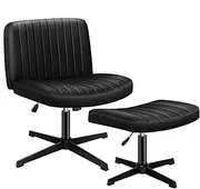 ALFORDSON Ergonomic Armless Criss-Cross Desk Chair with Ottoman Stool, Channel-Tufted Mid-Back Design, Adjustable Height & Tilt, Swivel, 180kg Max, Xavi PU Leather Black Office Chair