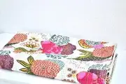 Sophia Art Indian Fruit Reversible Bedspread Pattern Blue Gudri Pure Cotton Kantha Style Queen Size Quilt Bed Spread Floral & Fruit Print Decorative Kantha Stitch Quilt 88X106 inch. (White))