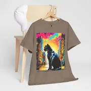 Black Cat Psychedelic Art Unisex Heavy Cotton Tee, Colorful Cat T-Shirt