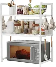 Adjustable Microwave Oven Rack Microwave Shelf Kitchen Corner Shelf - 3 Tier Steel Kitchen Countertop Organizer Shelves, Desktop Printer Shelf Rack, Baker Rack, Utility Storage Rack with Hooks (White)
