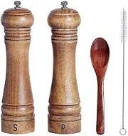 2 Pack Wooden Salt and Pepper Grinders with Cleaning Brush and Spoon, 20.3CM/8inch Refillable Manual Spice Grinder Mills Set, Kitchen Hand Peppercorn Shakers Mills with Adjustable Coarseness