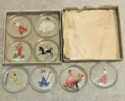 Vntg c1950s ETI-KET GLASS 8 COASTERS W/ DECALS Woman Sailing, Dance, New in Box