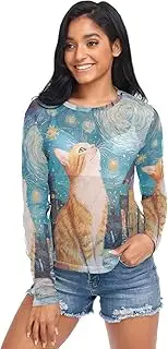 [RPLIFE] Cute Orange Cat Starry Night Womens Mesh Top, Womens Sheer Long Sleeve Top S-XXL