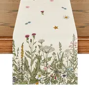 Antique Herbs and Wild Flowers Summer Table 13" x 72", Table Runner Off White