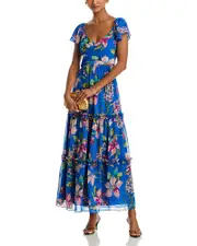 Aqua Floral Chiffon Flutter Sleeve Maxi Dress - Exclusive