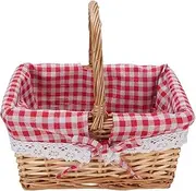 Wicker Picnic Basket with Handle Handwoven Oval Basket with Detachable Linen Lining for Picnic Camping Garden Storage (Red Plaid)