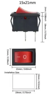 5Pcs x 2 Pin 12V Car Boat Arduino Light ON/OFF Rocker Switch -15x21mm RED BUTTON