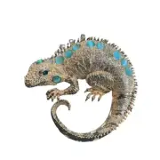 Bright Gold Tone Iguana Lizard Brooch with Green Cabochon