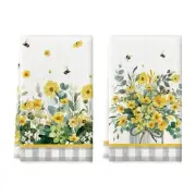 Yellow Daisy Bees Eucalyptus Summer Kitchen Towels Dish 18" x 26" Yellow/Green