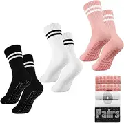 [Handepo] 6 Pairs Women Long Pilates Socks Yoga Sock with Grips Non Slip Long Socks for Barre Yoga Ballet Dance Household Fitness Pilates Stripe Socks, Black, White, Pink, 5-9
