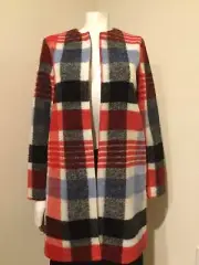 NWT Women’s CYNTHIA ROWLEY Crew Neck Red Multicolor Plaid Wool Tweed Coat SZ XS