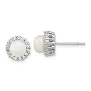 Sterling Silver Rhodium-Plated Cz Synthetic Pearl Post Earrings