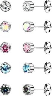 [Kakonia] 5 Pairs G23 Titanium Stud Earrings for Women Men Titan Earring Hypoallergenic Surgical Steel CZ Cartilage Earrings Cubic Zirconia Sleeper Studs 3/4/5mm with Jewelry Box