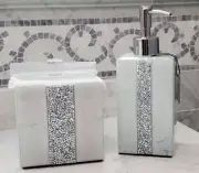Bella Lux Bathroom Faux Marble Bling Soap Pump Dispenser Qtip/Cotton Ball Holder