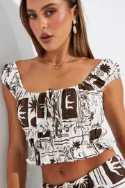 Brown Abstract Crop Top Short Sleeve Linen - Size 12, Women's Crop Top