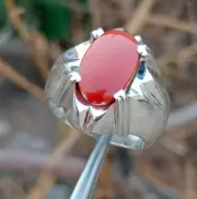 Natural Red Coral Stone Ring For Men Deep Sea Oval Coral Marjan Ring Sterling