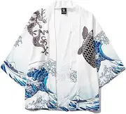 [Souchi] Men Japanese Kimono Traditional Casual Loose Thin A Set of Coat and Pants Asian Clothes Harakuju Fish Print Kimono Cardigan White top XXL