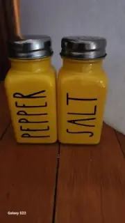 Brand New Yellow W/White Lettering Salt And Pepper Shakers!