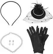 [WRITWAA] 1 Set Flapper Accessories Women Retro Pearl Tea Party Hat Gloves Necklace Earrings Elegant Vintage Style for Weddings Events Themed Parties