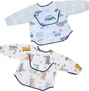 Kisangel Apron Long Sleeve Bibs Smock with Cartoon Design Quick Dry Easy to Clean for Mess Dining and Playtime Crocodile Airplane Suitable for Years